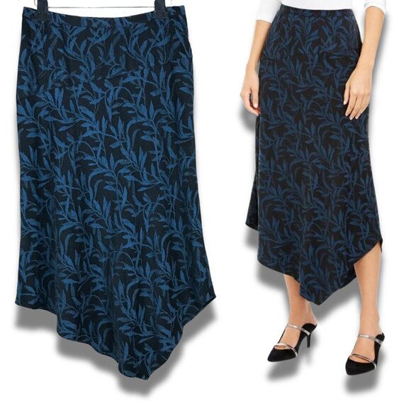 ALFANI Black/Teal Floral Asymmetrical Hem Midi Skirt NEW 14 - Picture 1 of 9